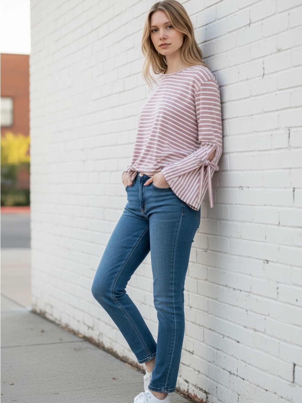 Loveriche Pink & White Striped Tie Sleeve Top | Size Small | Boutique | NWOT